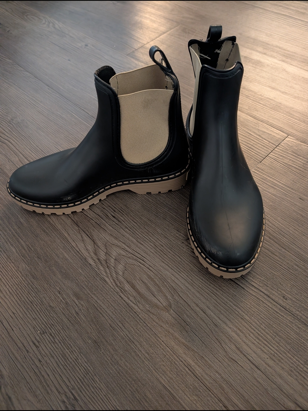 Black Chelsea Rain Boots with Tan Trim